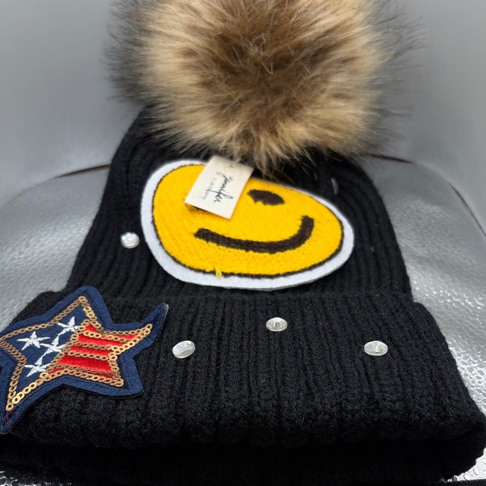 Kids Black Knit Hat with Yellow Smiley and Fur Pom NWTs